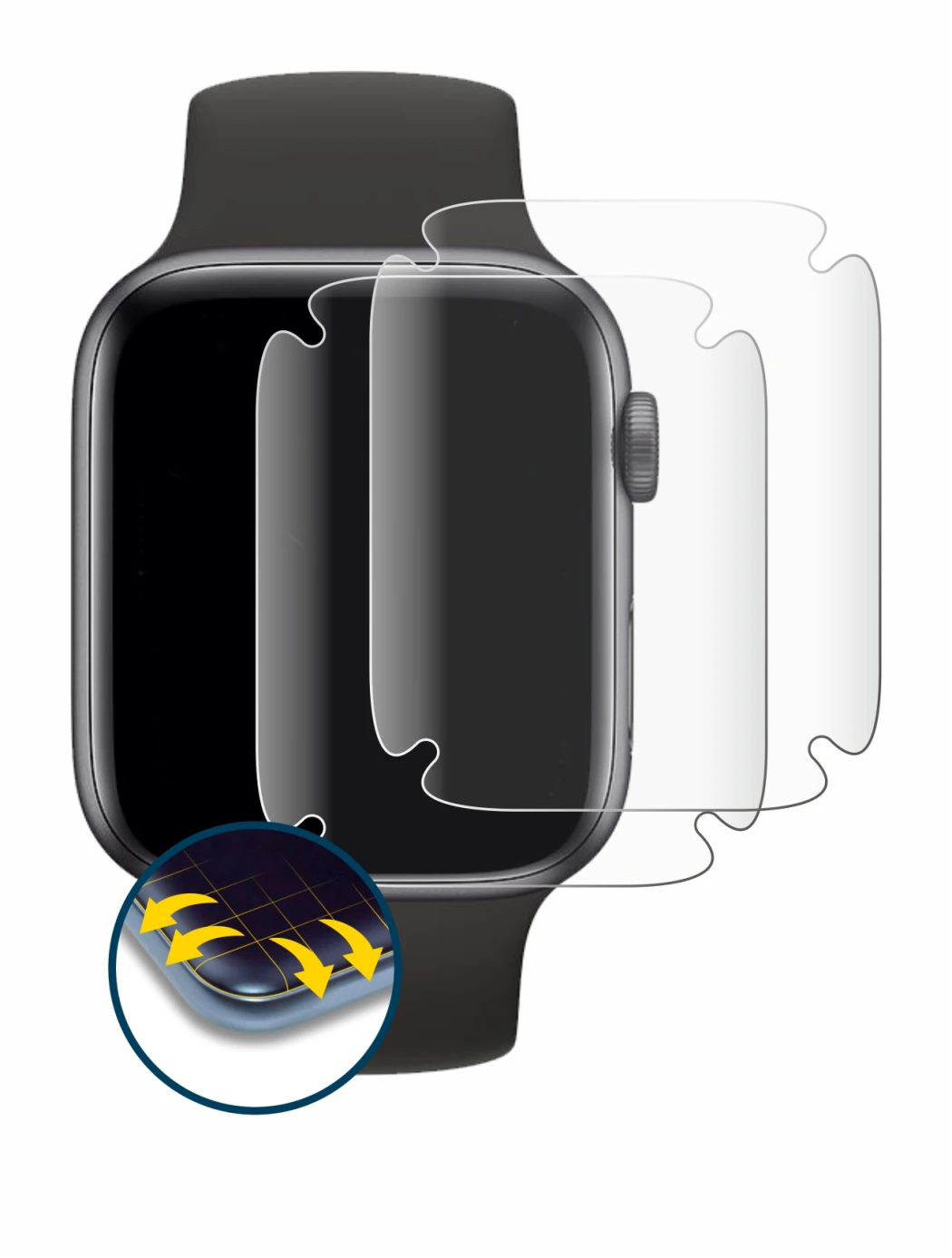 Abbildung des Geräts Apple Watch SE (44 mm) mit einer Vielzahl des Displayschutzes.