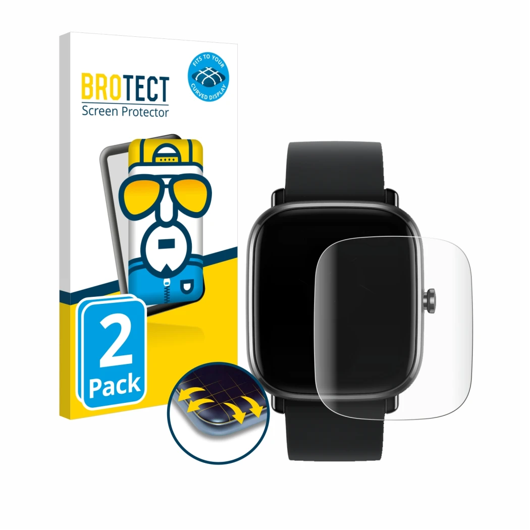 Vorderseite einer Produktverpackung mit dem Markenlogo BROTECT. Daneben ist das Gerät Huami Amazfit GTS 2 mini mit dem zugehör