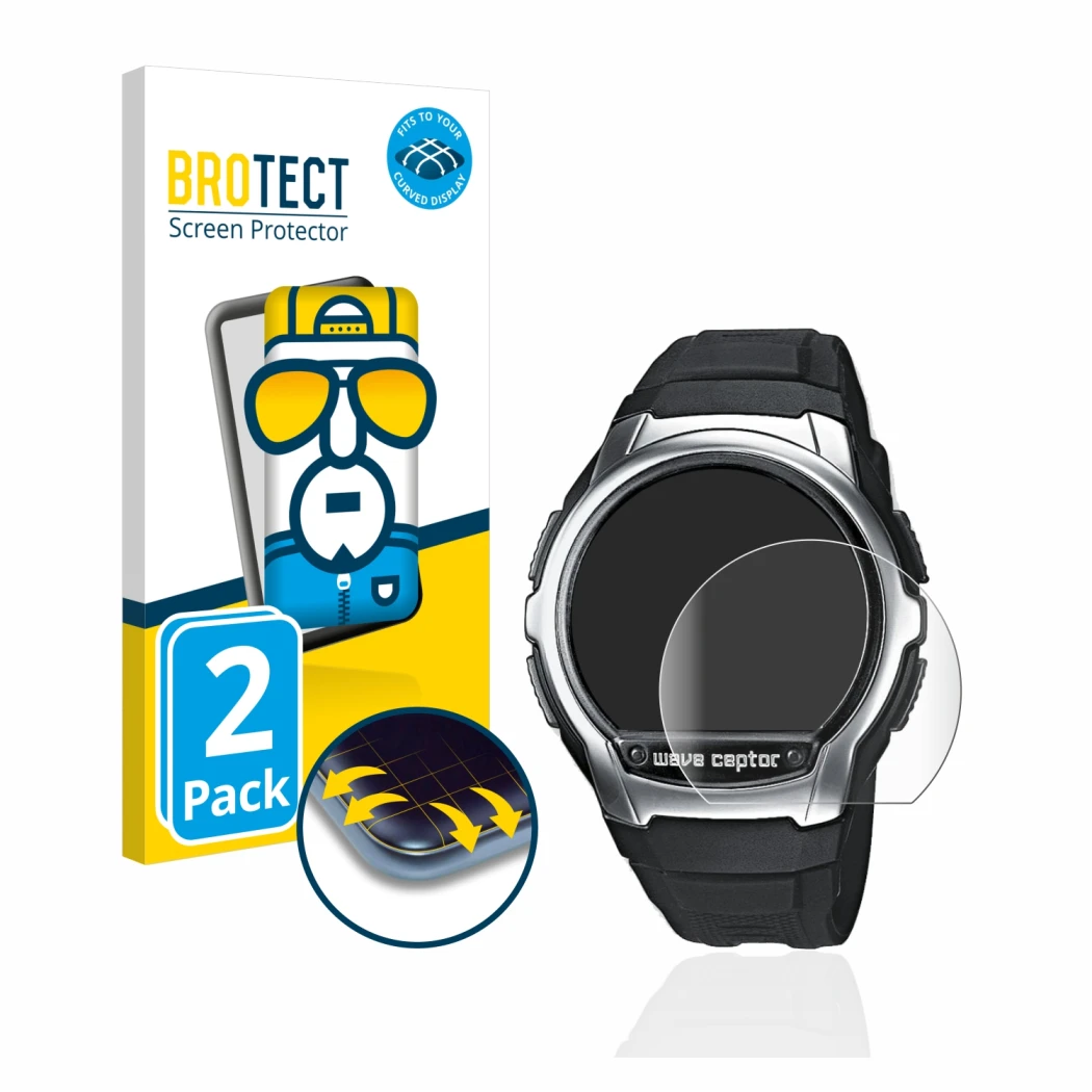 Vorderseite einer Produktverpackung mit dem Markenlogo BROTECT. Daneben ist das Gerät Casio Wave Ceptor WV-58 mit dem zugehöri