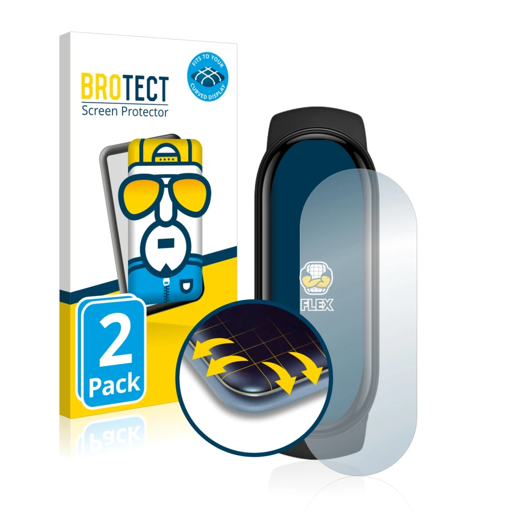 Vorderseite einer Produktverpackung mit dem Markenlogo BROTECT. Daneben ist das Gerät Xiaomi Mi Band 6 mit dem zugehörigen Dis