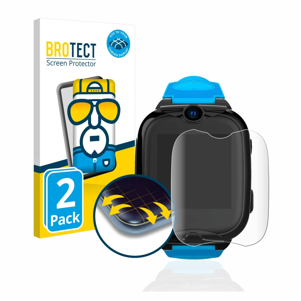 Vorderseite einer Produktverpackung mit dem Markenlogo BROTECT. Daneben ist das Gerät Xplora XGO2 mit dem zugehörigen Displays