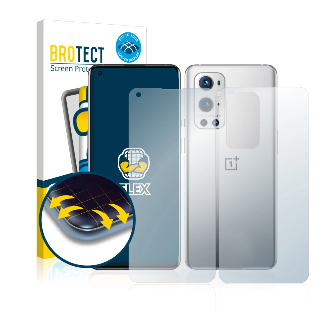 Vorderseite einer Produktverpackung mit dem Markenlogo BROTECT. Daneben ist das Gerät OnePlus 9 Pro (Display+Rückseite) mit de