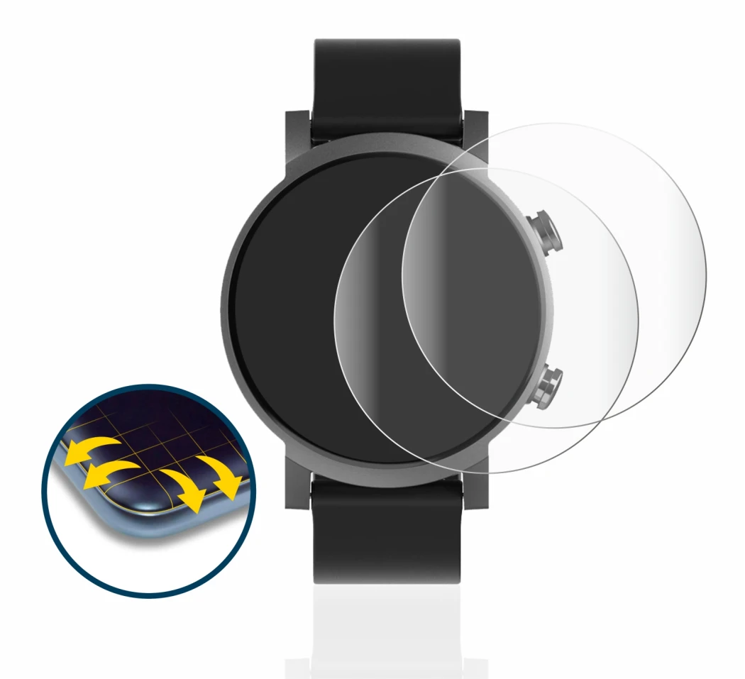 Abbildung des Geräts Mobvoi Ticwatch E3 mit einer Vielzahl des Displayschutzes.