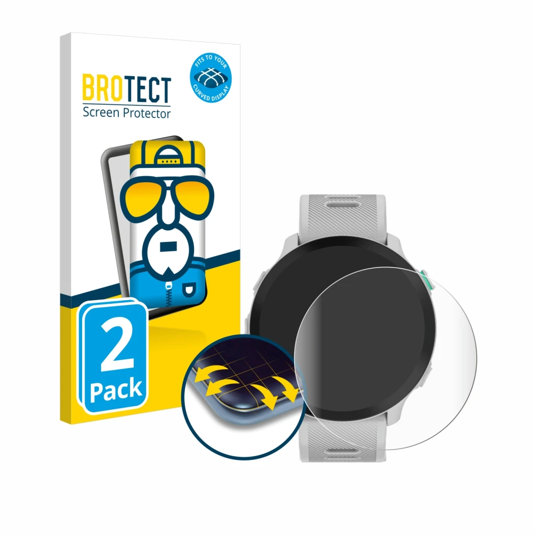 Vorderseite einer Produktverpackung mit dem Markenlogo BROTECT. Daneben ist das Gerät Garmin Forerunner 55 mit dem zugehörigen