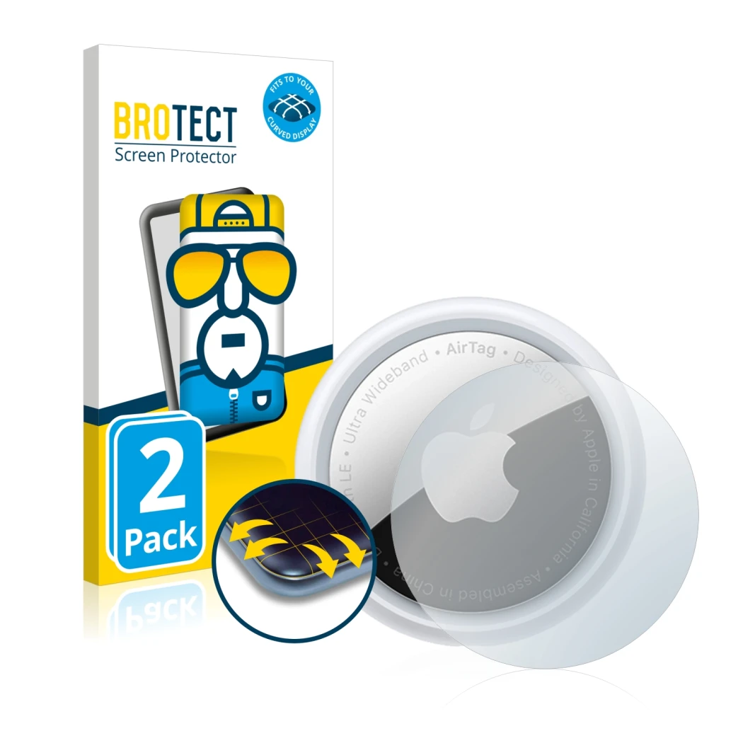 Vorderseite einer Produktverpackung mit dem Markenlogo BROTECT. Daneben ist das Gerät Apple AirTag mit dem zugehörigen Display