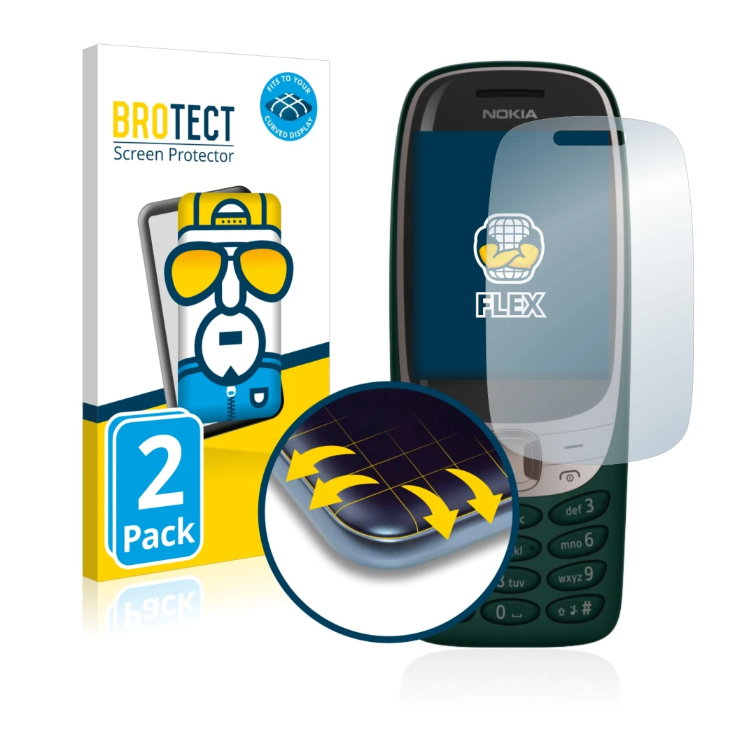 Vorderseite einer Produktverpackung mit dem Markenlogo BROTECT. Daneben ist das Gerät Nokia 6310 (2021) mit dem zugehörigen Di