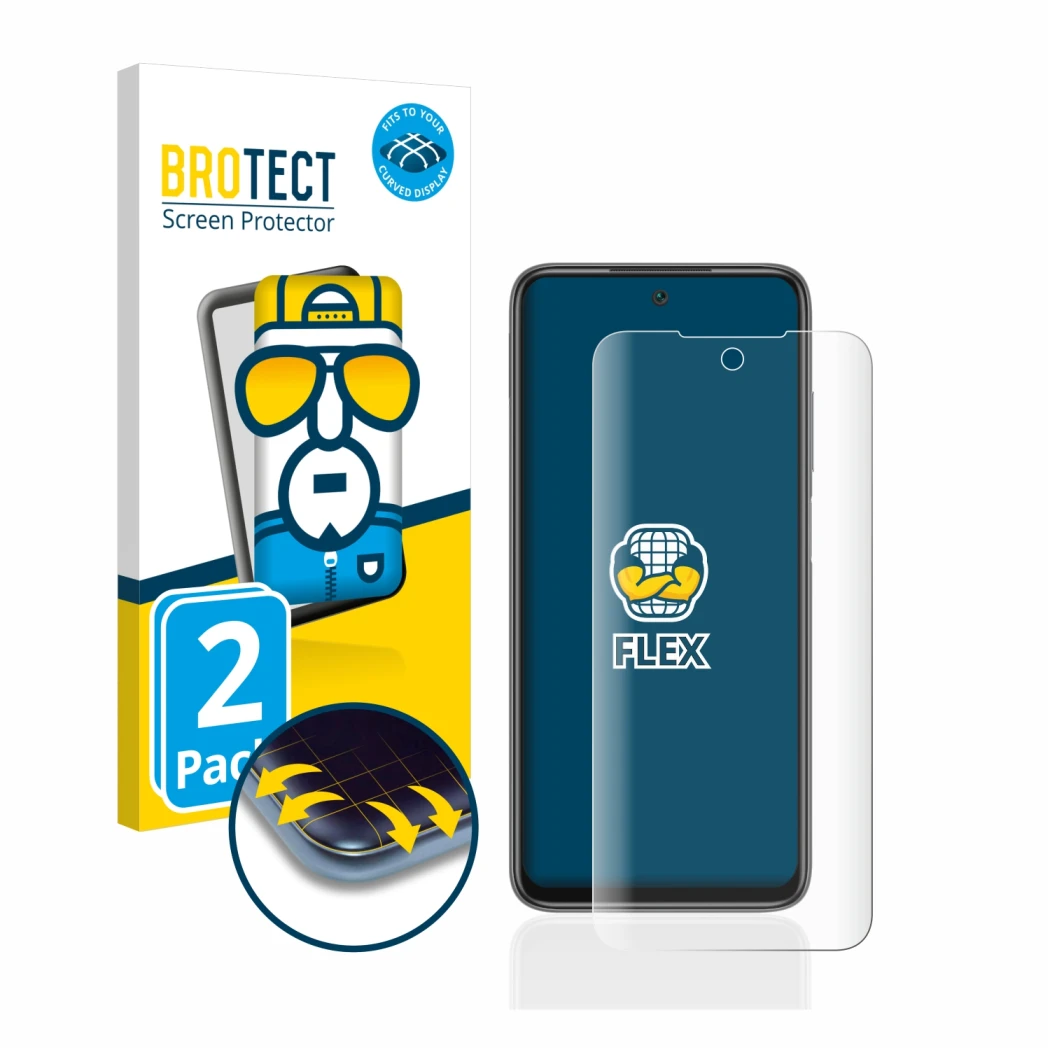 Vorderseite einer Produktverpackung mit dem Markenlogo BROTECT. Daneben ist das Gerät Xiaomi Redmi 10 mit dem zugehörigen Disp