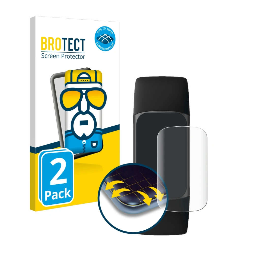 Vorderseite einer Produktverpackung mit dem Markenlogo BROTECT. Daneben ist das Gerät Fitbit Charge 5 mit dem zugehörigen Disp