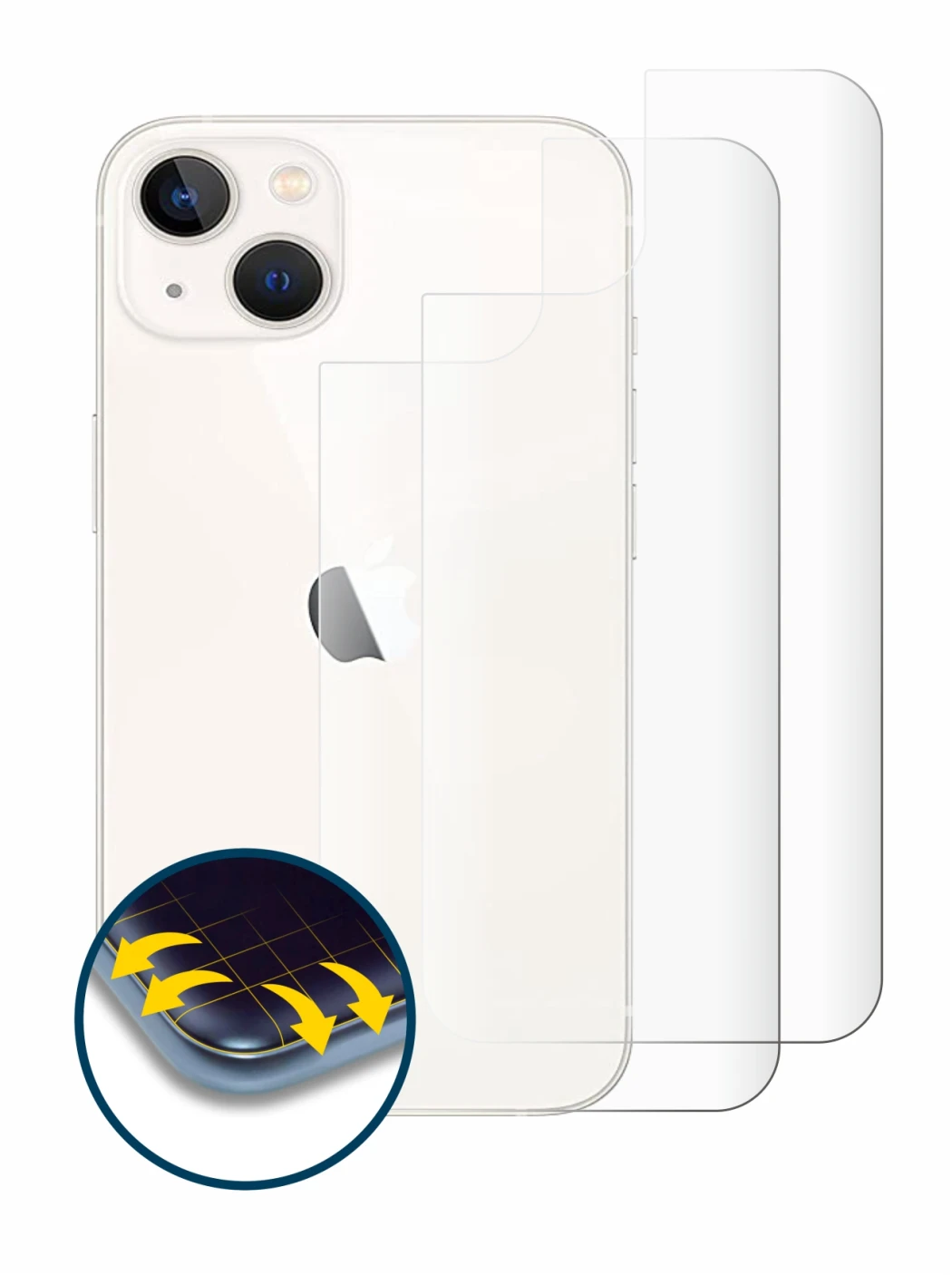 Abbildung des Geräts Apple iPhone 13 (Rückseite) mit einer Vielzahl des Displayschutzes.
