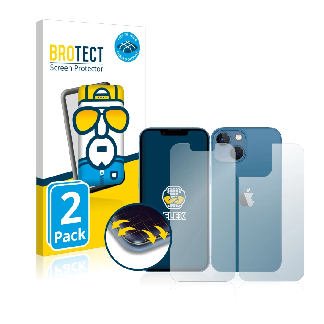 Vorderseite einer Produktverpackung mit dem Markenlogo BROTECT. Daneben ist das Gerät Apple iPhone 13 mini (Display+Rückseite)