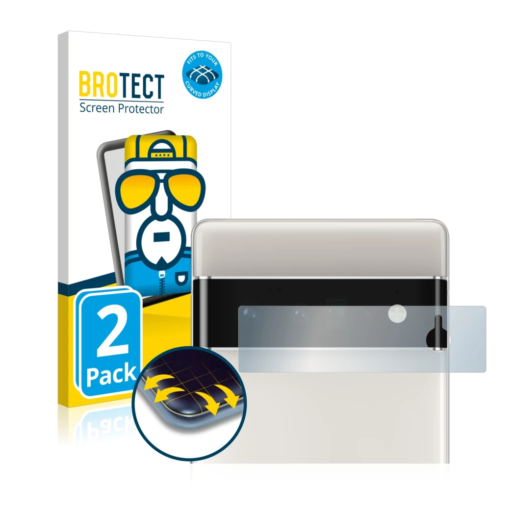 Vorderseite einer Produktverpackung mit dem Markenlogo BROTECT. Daneben ist das Gerät Google Pixel 6 Pro (NUR Kameraschutz) mi