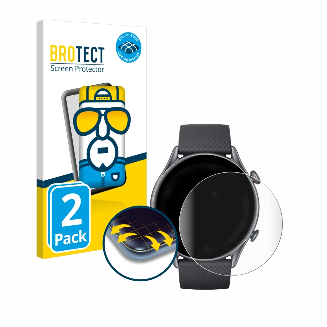 Vorderseite einer Produktverpackung mit dem Markenlogo BROTECT. Daneben ist das Gerät Huami Amazfit GTR 3 Pro mit dem zugehöri