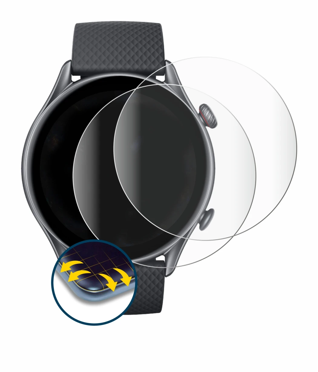 Abbildung des Geräts Huami Amazfit GTR 3 Pro mit einer Vielzahl des Displayschutzes.