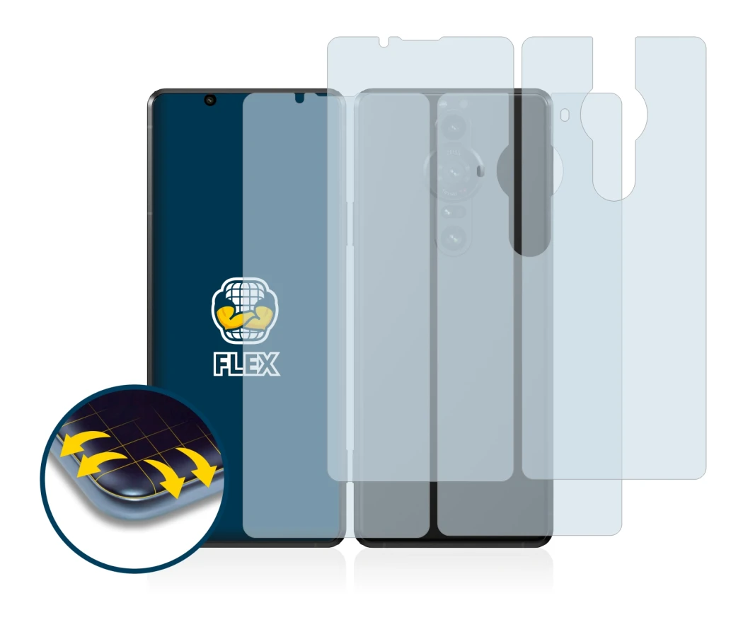 Abbildung des Geräts Sony Xperia Pro-I (Display+Rückseite) mit einer Vielzahl des Displayschutzes.