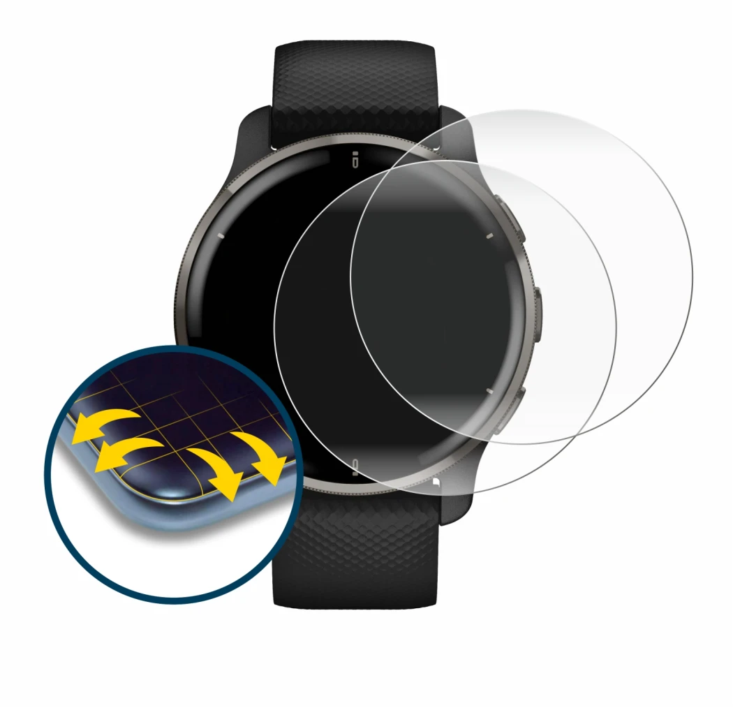 Abbildung des Geräts Garmin Venu 2 Plus mit einer Vielzahl des Displayschutzes.