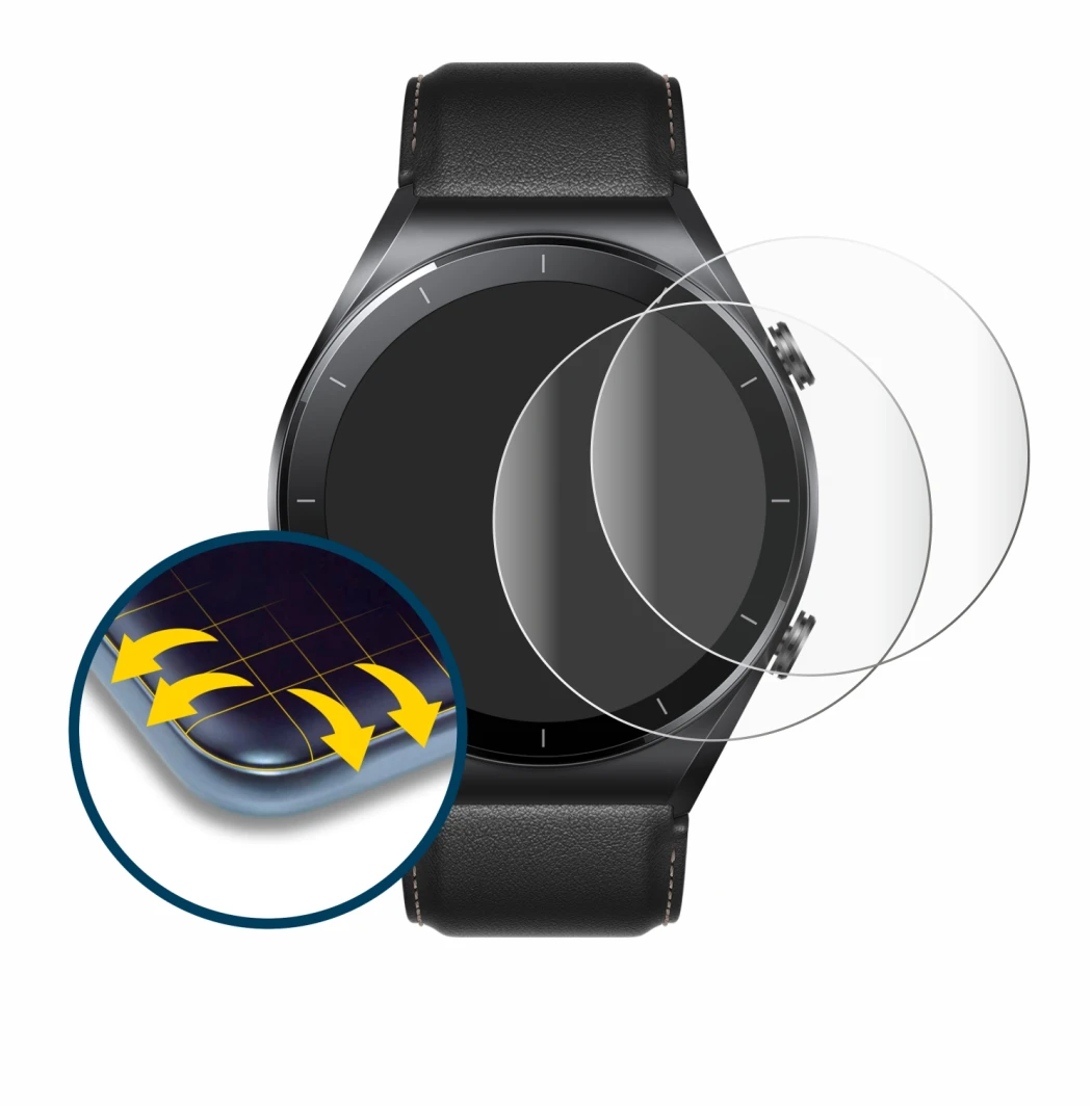 Abbildung des Geräts Xiaomi Watch S1 mit einer Vielzahl des Displayschutzes.