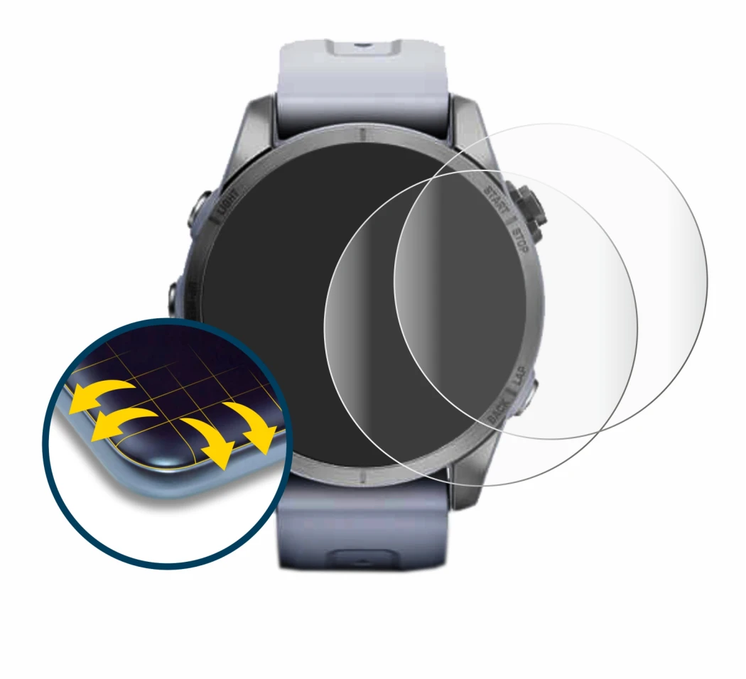 Abbildung des Geräts Garmin Fenix 7S (42 mm) mit einer Vielzahl des Displayschutzes.