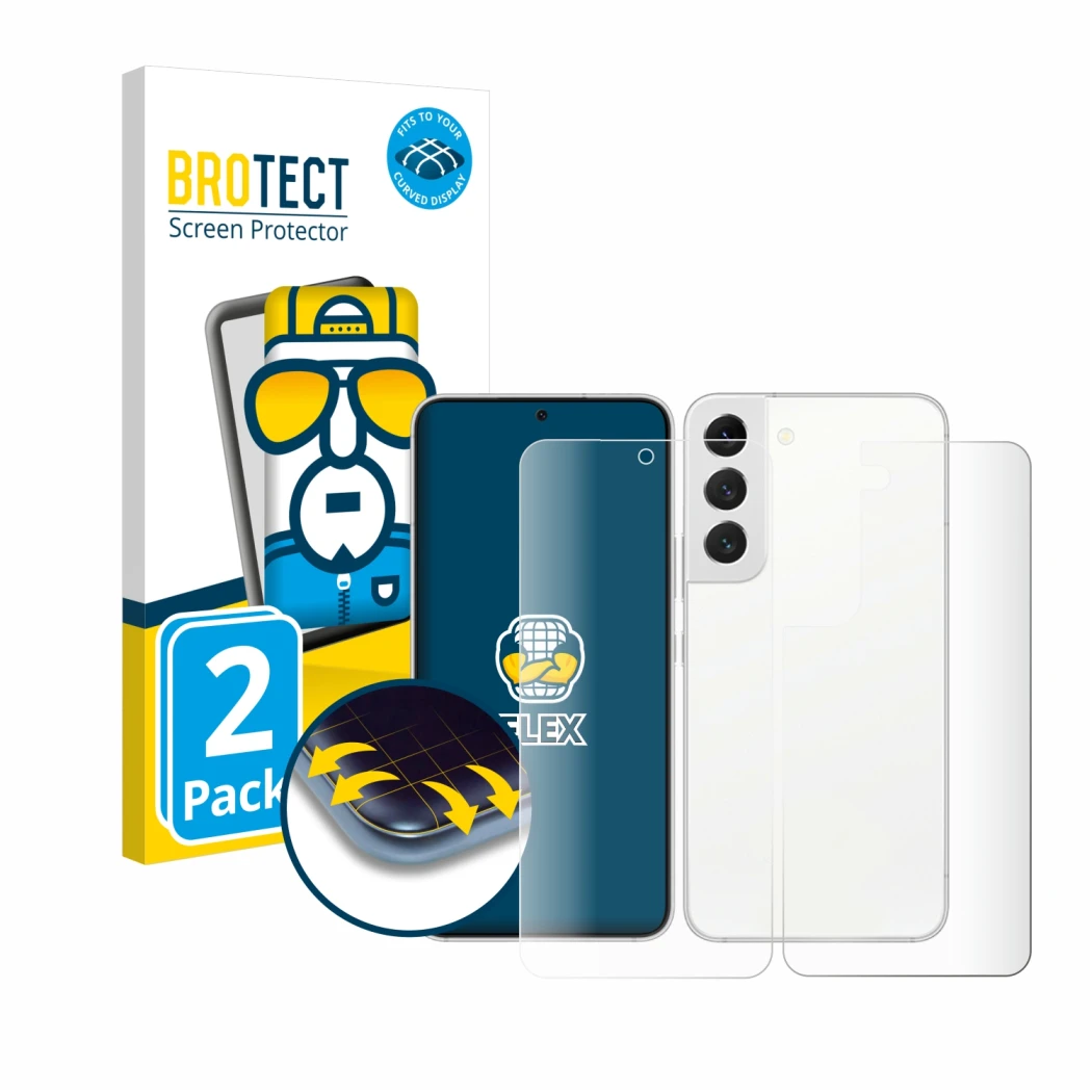 Vorderseite einer Produktverpackung mit dem Markenlogo BROTECT. Daneben ist das Gerät Samsung Galaxy S22 5G (Display+Rückseite