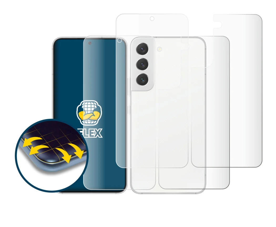 Abbildung des Geräts Samsung Galaxy S22 5G (Display+Rückseite) mit einer Vielzahl des Displayschutzes.