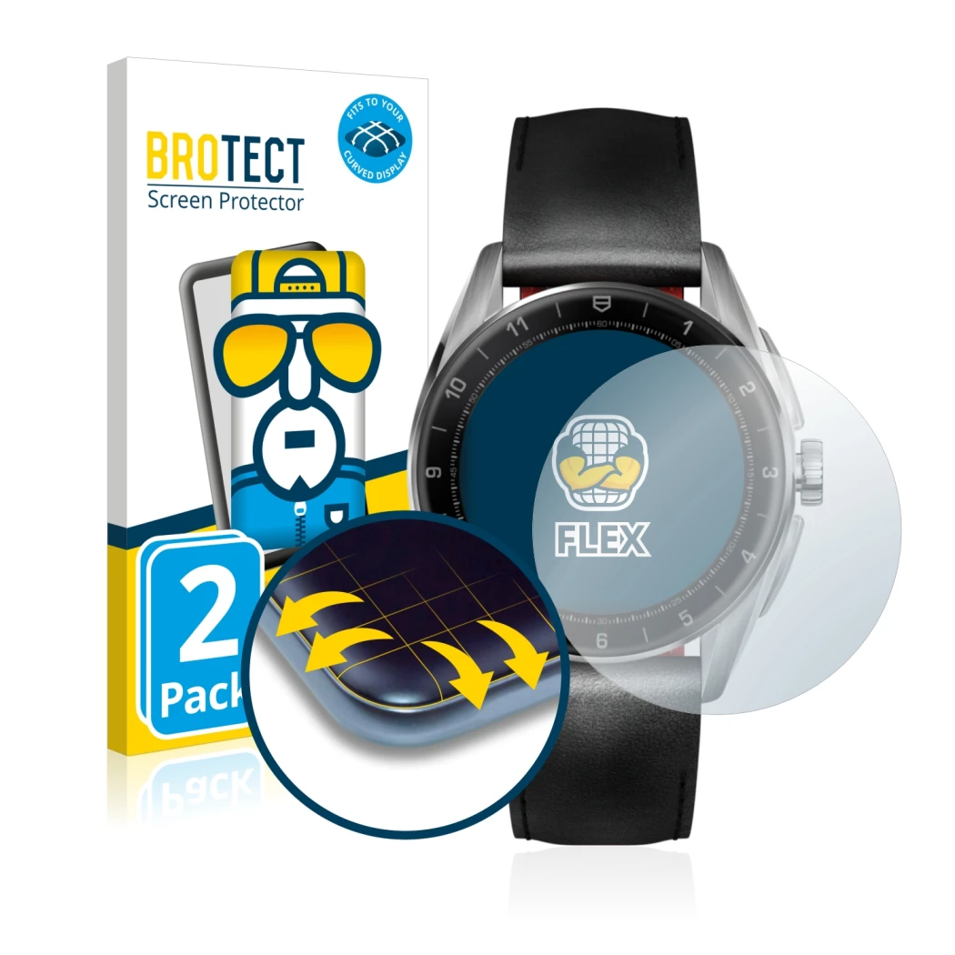 Vorderseite einer Produktverpackung mit dem Markenlogo BROTECT. Daneben ist das Gerät TAG Heuer Connected Calibre E4 (42 mm) m