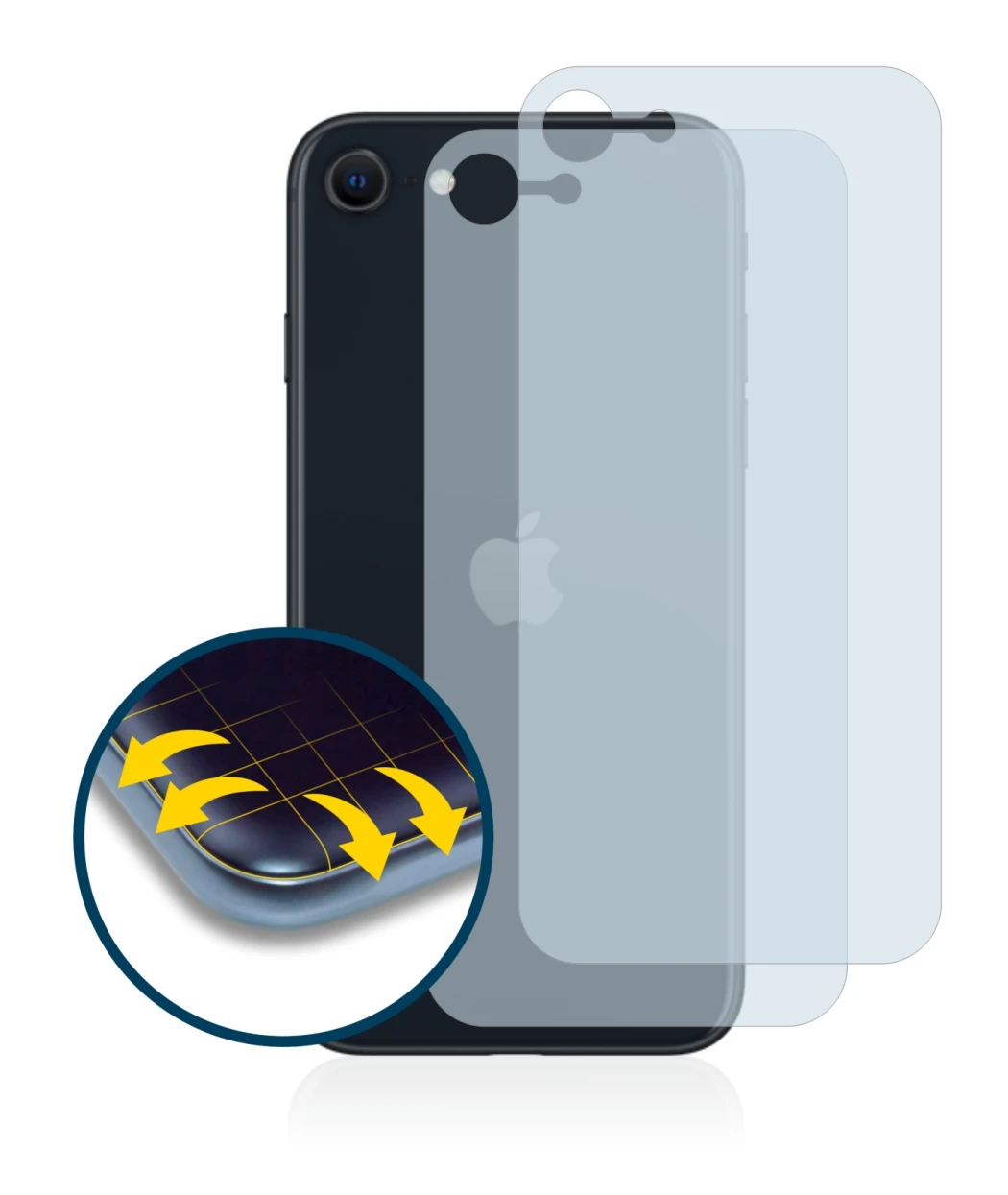 Abbildung des Geräts Apple iPhone SE 3 2022 (Rückseite) mit einer Vielzahl des Displayschutzes.