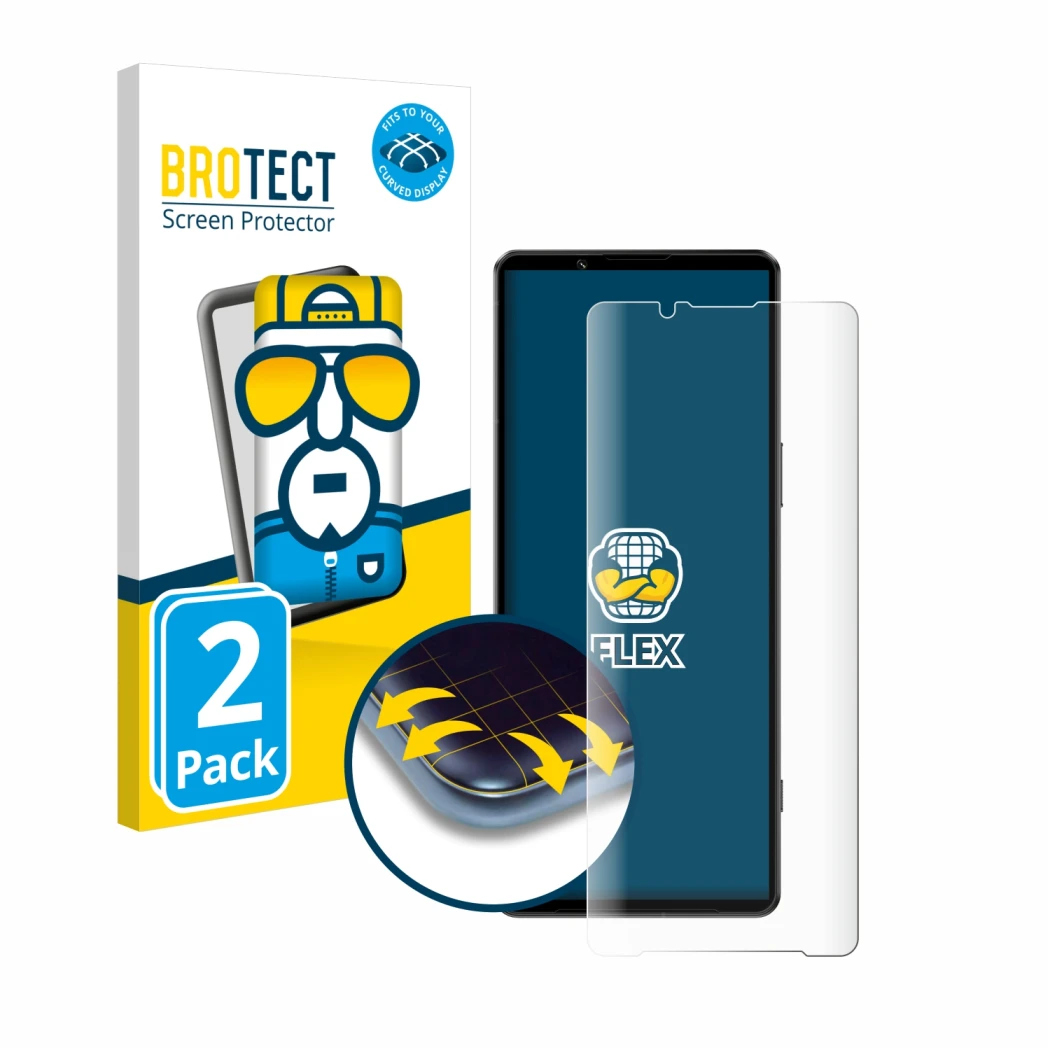 Vorderseite einer Produktverpackung mit dem Markenlogo BROTECT. Daneben ist das Gerät Sony Xperia 1 IV mit dem zugehörigen Dis