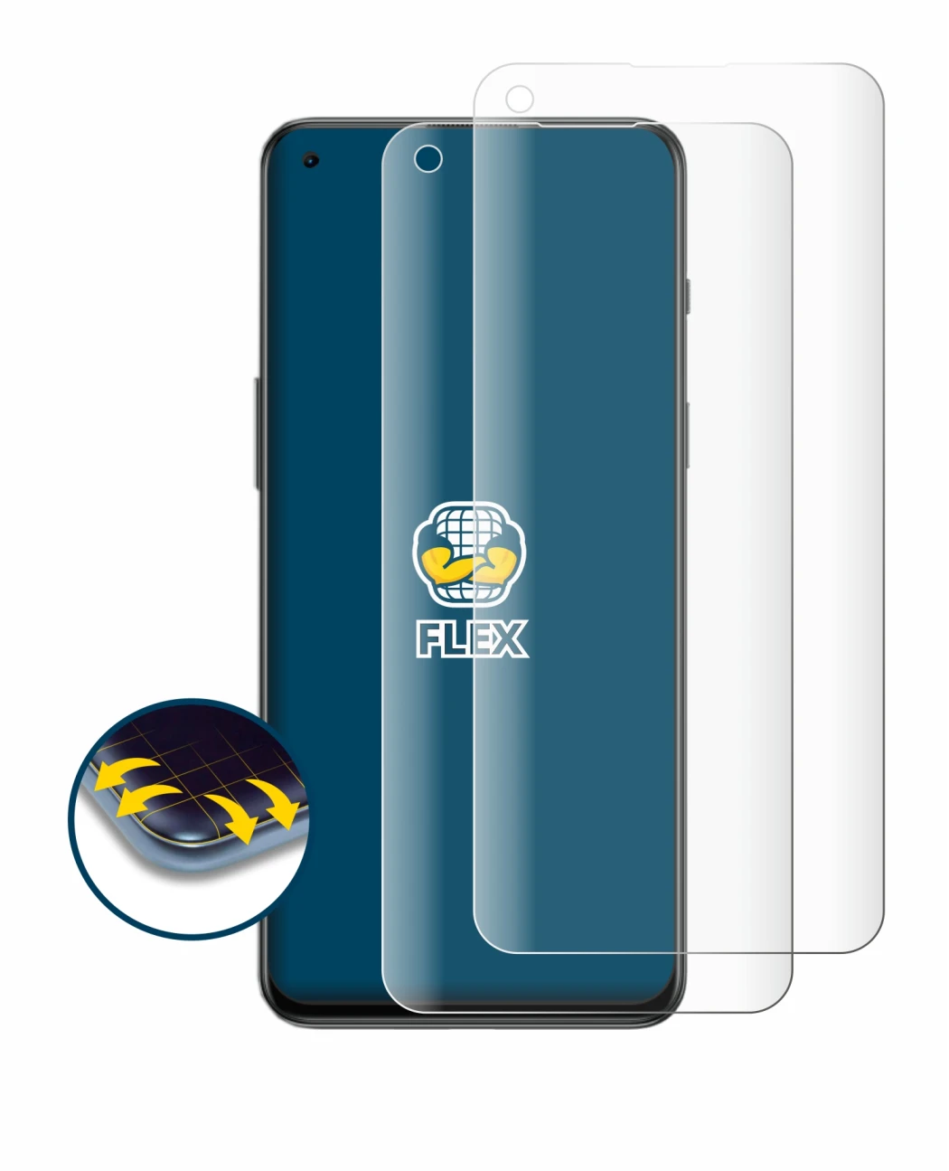 Abbildung des Geräts OnePlus Nord 2T 5G mit einer Vielzahl des Displayschutzes.