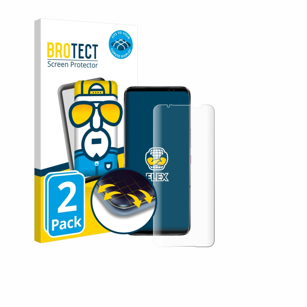 Vorderseite einer Produktverpackung mit dem Markenlogo BROTECT. Daneben ist das Gerät ASUS ROG Phone 6 mit dem zugehörigen Dis