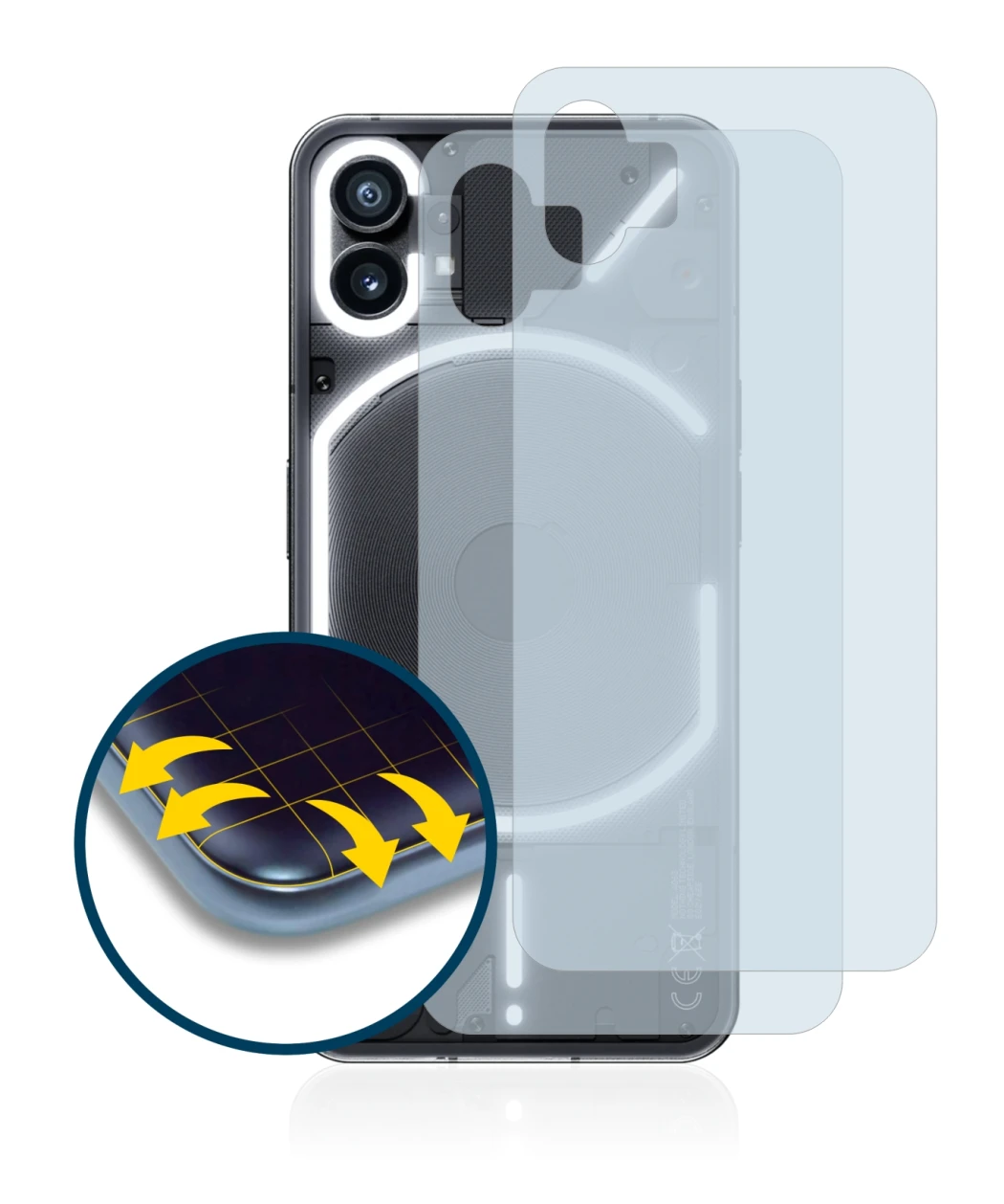 Abbildung des Geräts Nothing Phone (1) (Rückseite) mit einer Vielzahl des Displayschutzes.