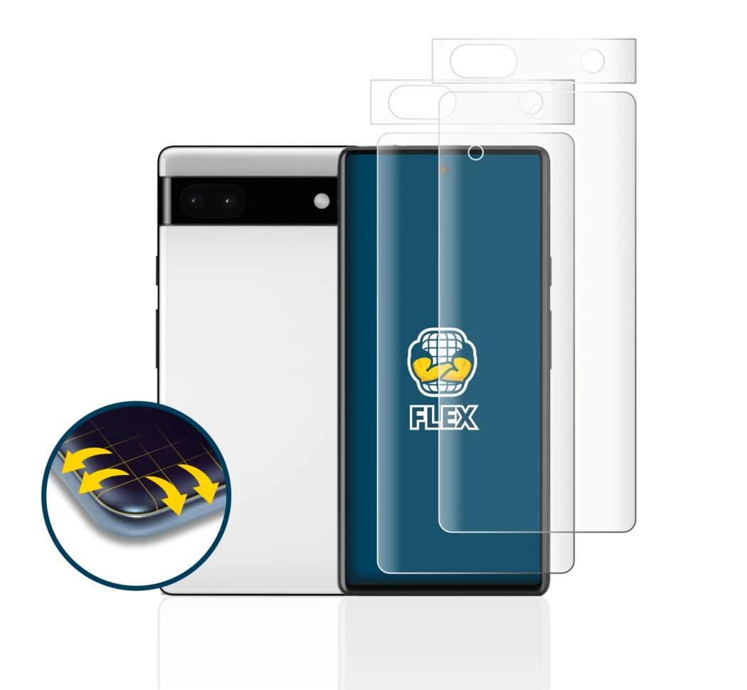 Abbildung des Geräts Google Pixel 6a (Display+Kamera) mit einer Vielzahl des Displayschutzes.