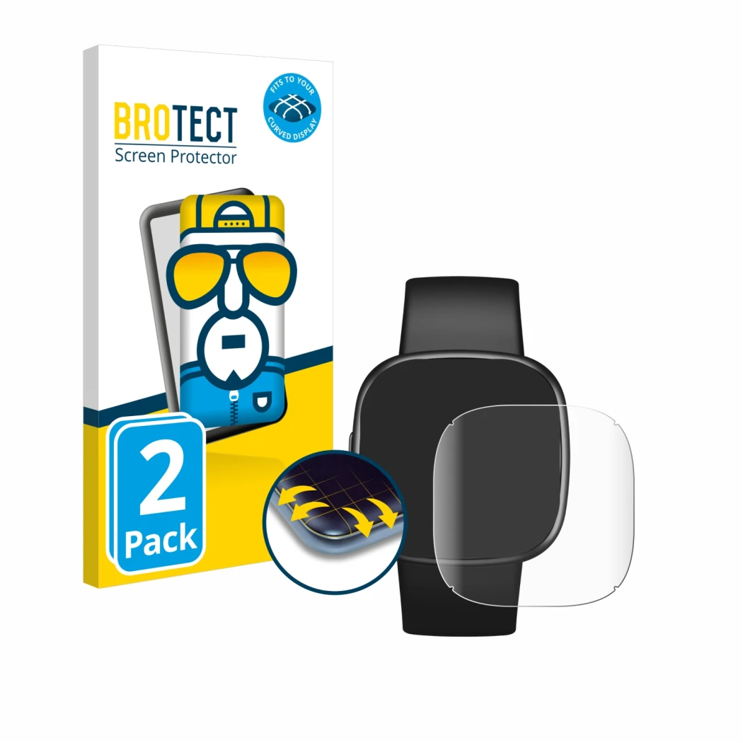 Vorderseite einer Produktverpackung mit dem Markenlogo BROTECT. Daneben ist das Gerät Fitbit Versa 4 mit dem zugehörigen Displ