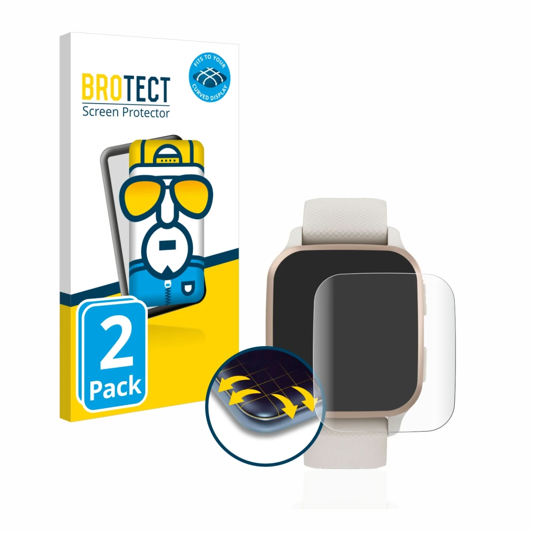 Vorderseite einer Produktverpackung mit dem Markenlogo BROTECT. Daneben ist das Gerät Garmin Venu Sq 2 Music mit dem zugehörig