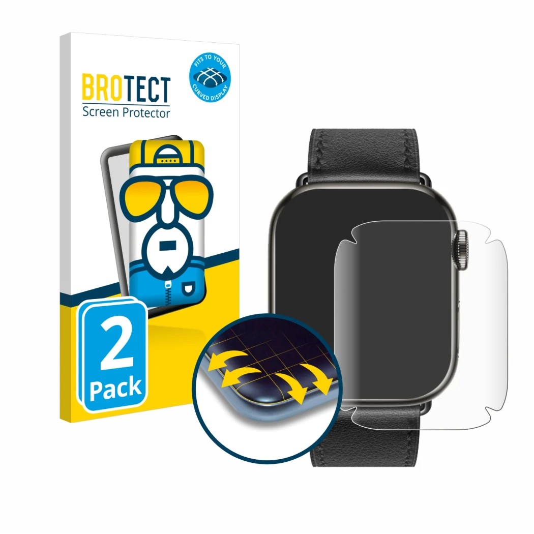 Vorderseite einer Produktverpackung mit dem Markenlogo BROTECT. Daneben ist das Gerät Apple Watch Hermès (41 mm) mit dem zugeh