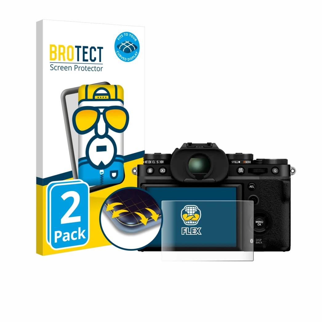 Vorderseite einer Produktverpackung mit dem Markenlogo BROTECT. Daneben ist das Gerät Fujifilm X-T5 mit dem zugehörigen Displa