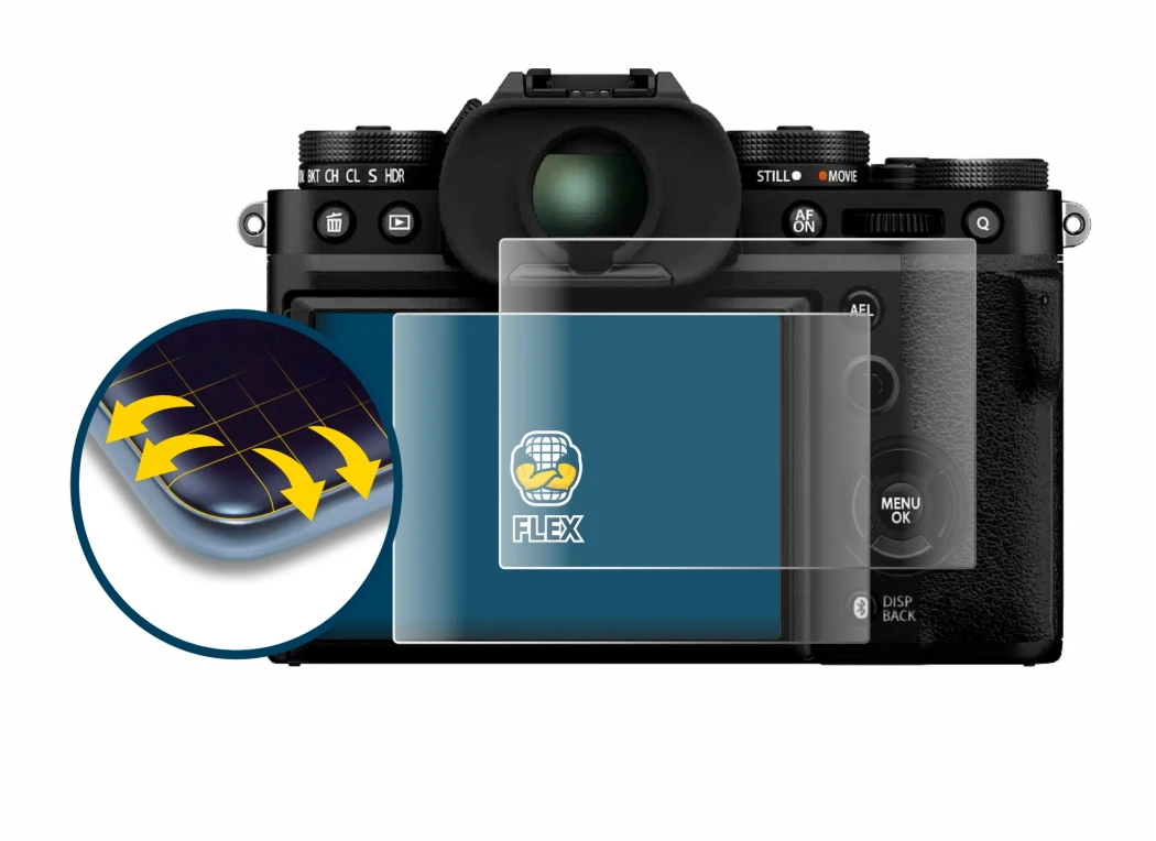 Abbildung des Geräts Fujifilm X-T5 mit einer Vielzahl des Displayschutzes.