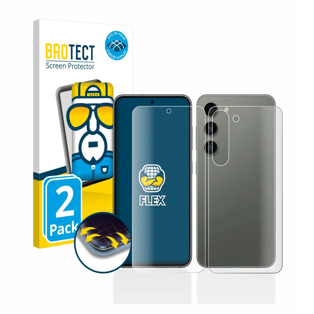 Vorderseite einer Produktverpackung mit dem Markenlogo BROTECT. Daneben ist das Gerät Samsung Galaxy S23 (Display+Rückseite) m