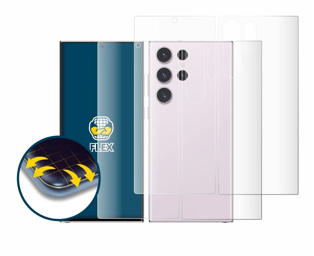 Abbildung des Geräts Samsung Galaxy S23 Ultra (Display+Rückseite) mit einer Vielzahl des Displayschutzes.
