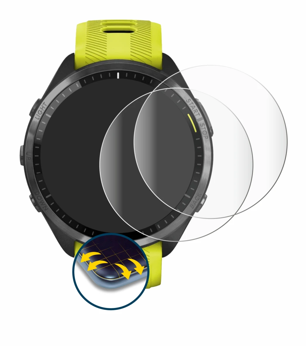 Abbildung des Geräts Garmin Forerunner 965 mit einer Vielzahl des Displayschutzes.