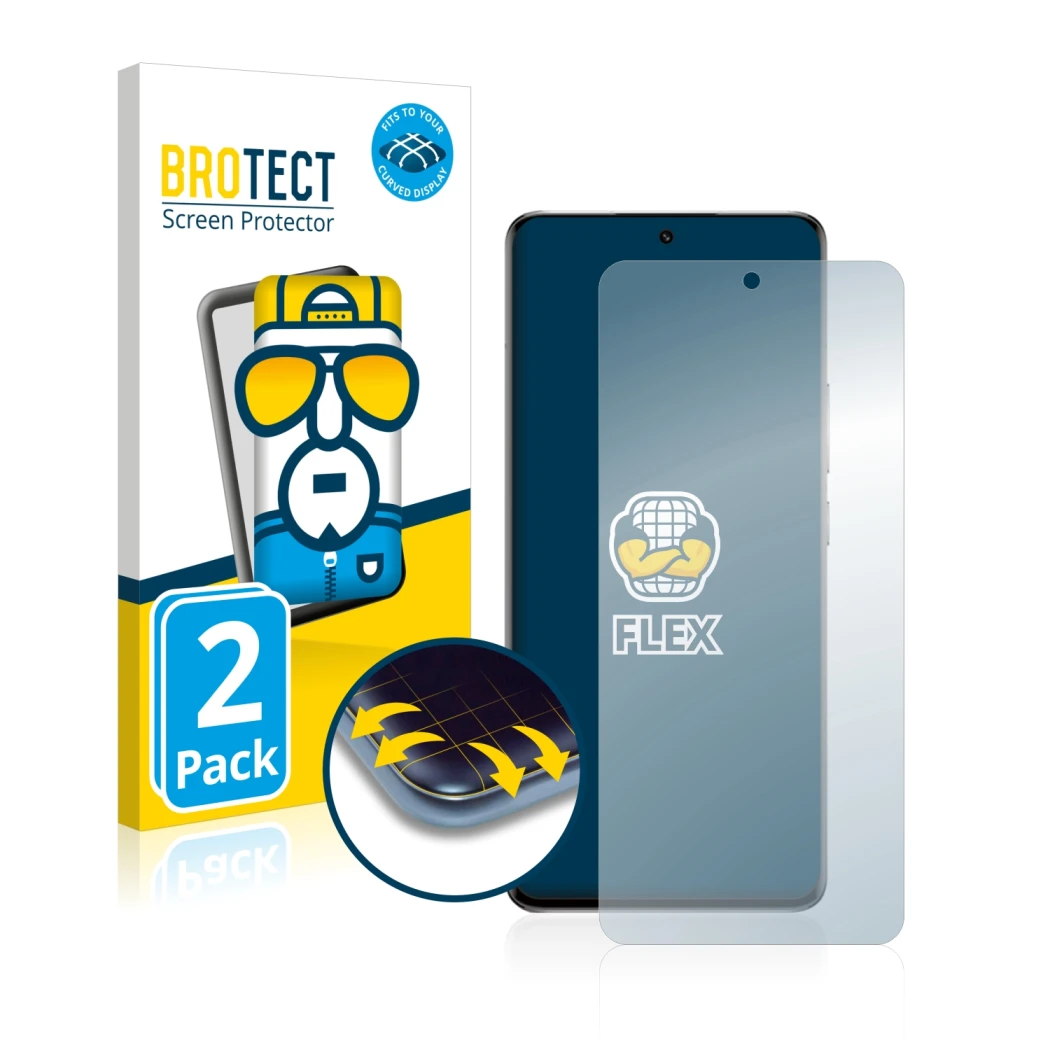 Vorderseite einer Produktverpackung mit dem Markenlogo BROTECT. Daneben ist das Gerät Xiaomi 13 Pro mit dem zugehörigen Displa