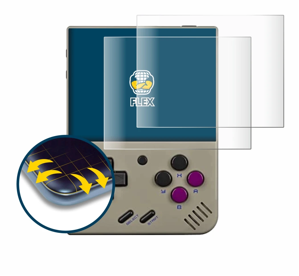 Abbildung des Geräts Miyoo Mini Plus mit einer Vielzahl des Displayschutzes.