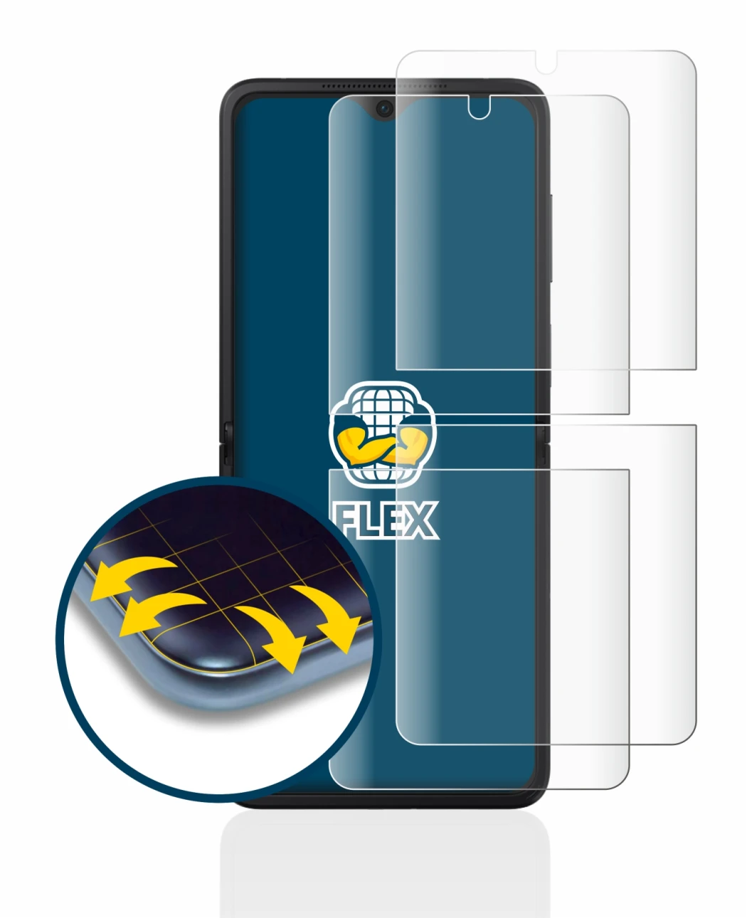 Abbildung des Geräts Oppo Find N2 Flip mit einer Vielzahl des Displayschutzes.