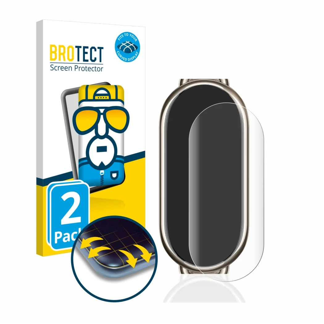 Vorderseite einer Produktverpackung mit dem Markenlogo BROTECT. Daneben ist das Gerät Xiaomi Mi Band 8 mit dem zugehörigen Dis