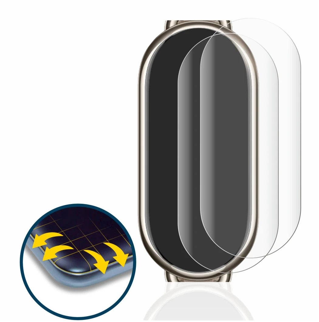 Abbildung des Geräts Xiaomi Mi Band 8 mit einer Vielzahl des Displayschutzes.