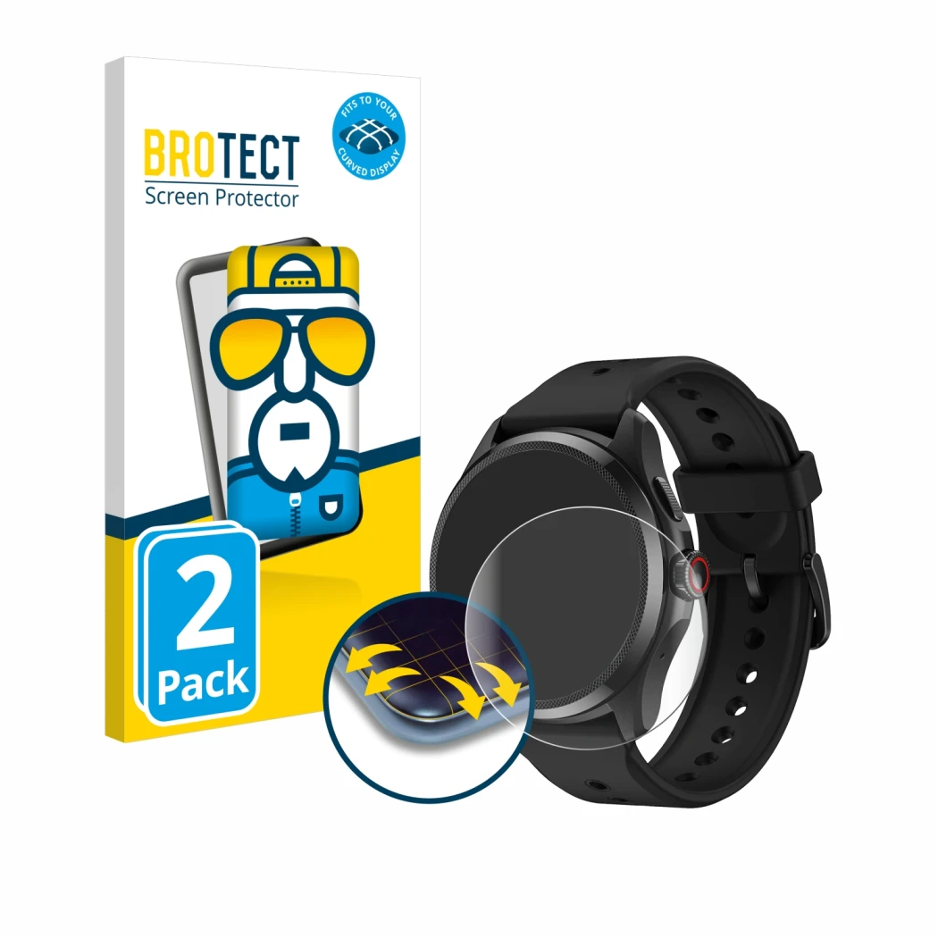 Vorderseite einer Produktverpackung mit dem Markenlogo BROTECT. Daneben ist das Gerät Mobvoi TicWatch Pro 5 mit dem zugehörige
