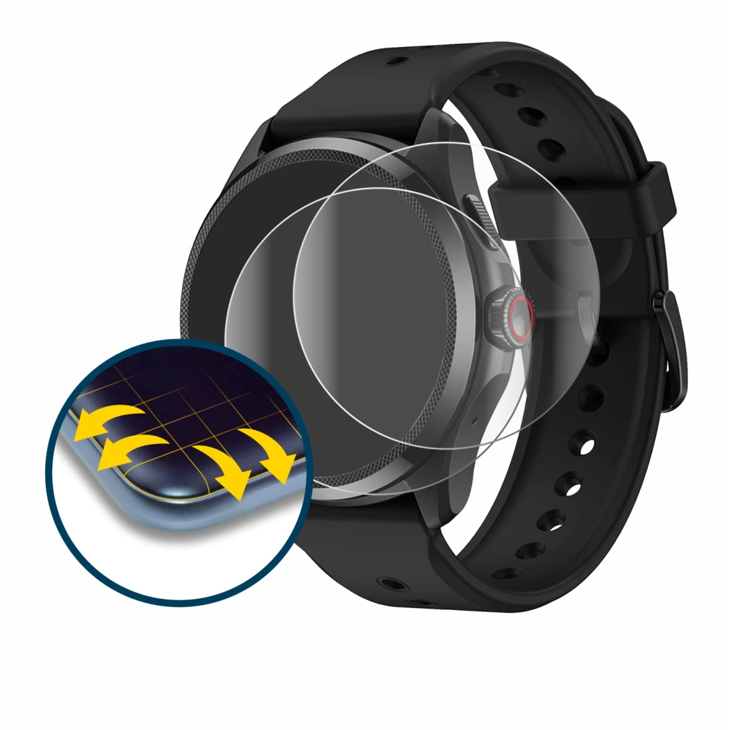 Abbildung des Geräts Mobvoi TicWatch Pro 5 mit einer Vielzahl des Displayschutzes.