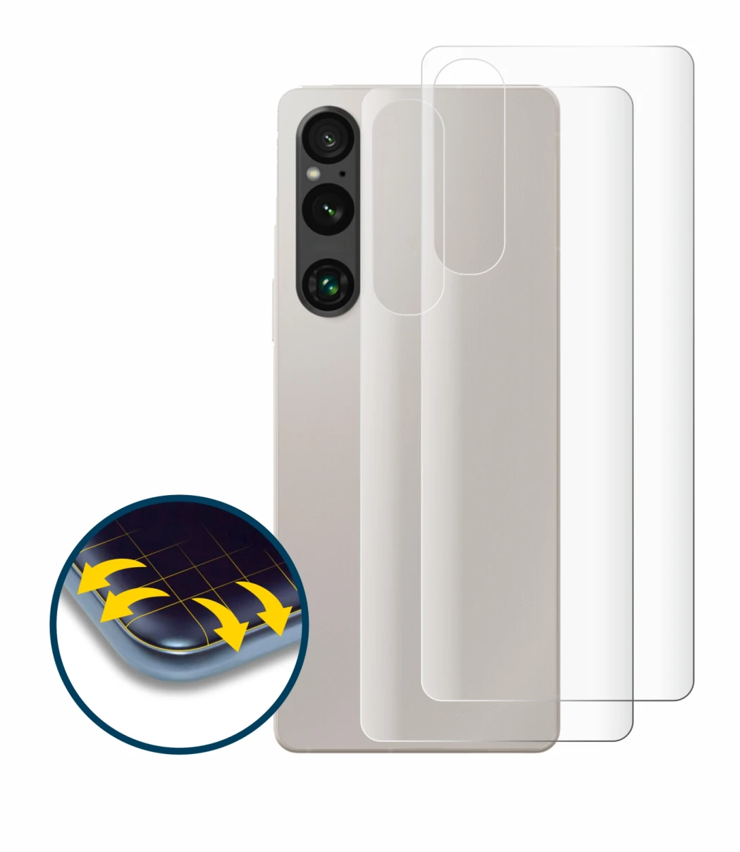 Abbildung des Geräts Sony Xperia 1 V (Rückseite) mit einer Vielzahl des Displayschutzes.
