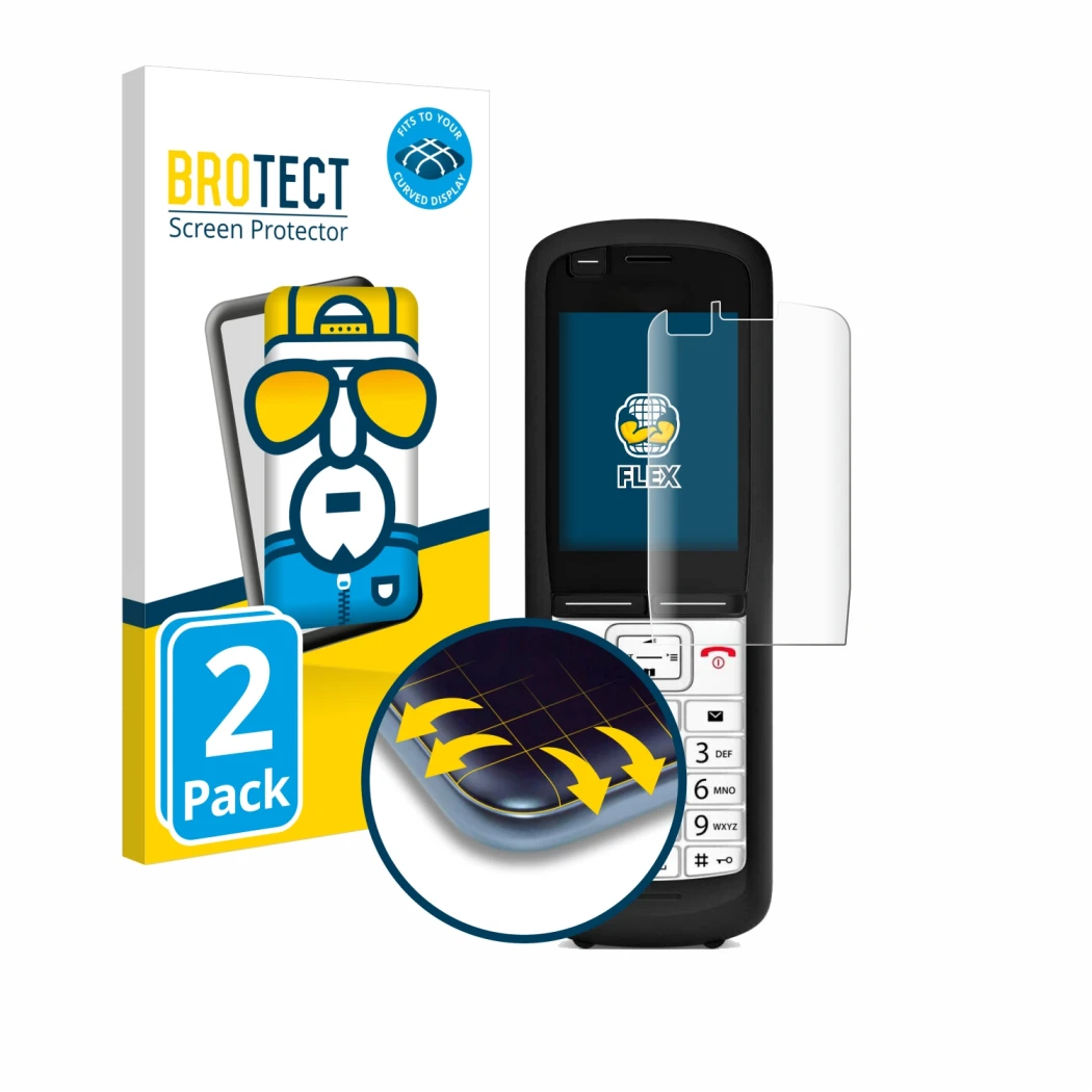 Vorderseite einer Produktverpackung mit dem Markenlogo BROTECT. Daneben ist das Gerät Unify OpenScape DECT Phone R6 mit dem zu