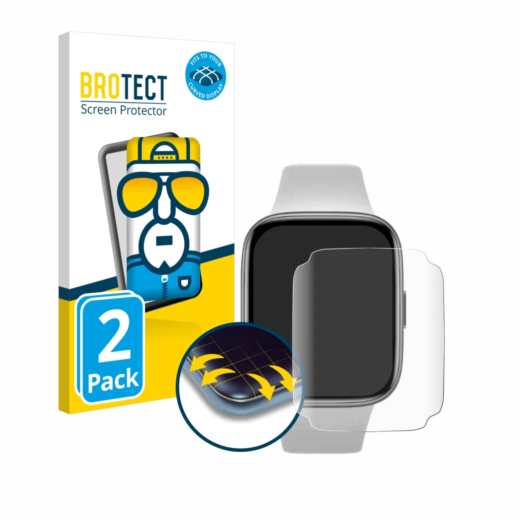 Vorderseite einer Produktverpackung mit dem Markenlogo BROTECT. Daneben ist das Gerät Xiaomi Redmi Watch 3 Active mit dem zuge