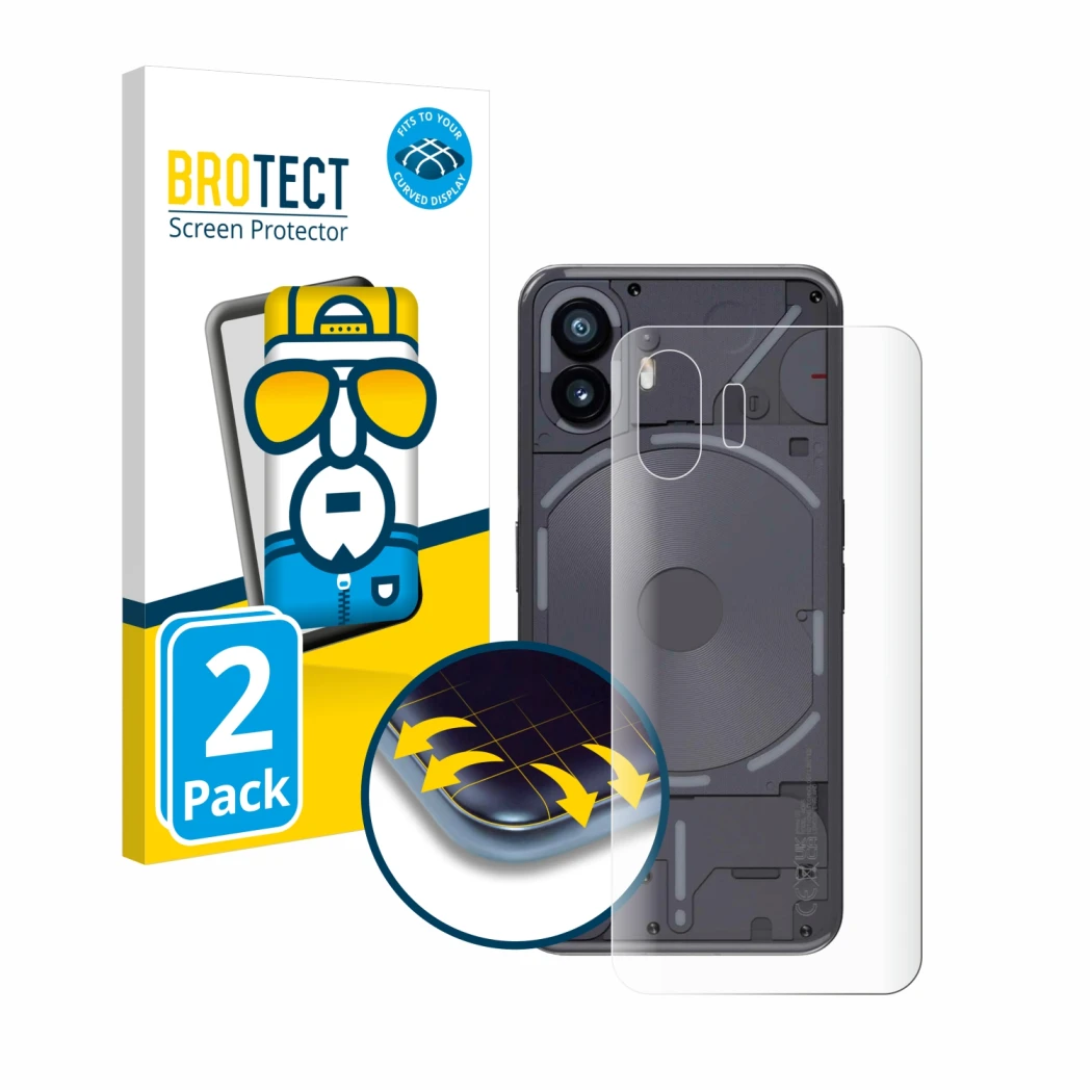 Vorderseite einer Produktverpackung mit dem Markenlogo BROTECT. Daneben ist das Gerät Nothing Phone (2) (Rückseite) mit dem zu