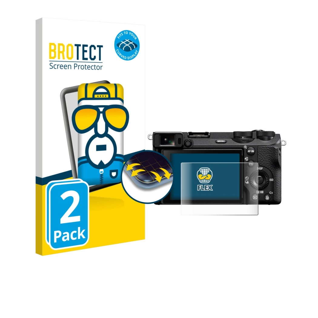 Vorderseite einer Produktverpackung mit dem Markenlogo BROTECT. Daneben ist das Gerät Sony Alpha 6700 mit dem zugehörigen Disp